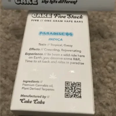 Paradise OG Cake cart, 1g 510 cartridge, indica-leaning hybrid with kush pine and sweet citrus