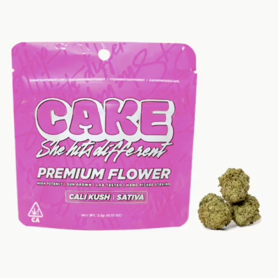 Cali Kush Cake flower, 3.5g jar of whole buds, fresh earth, citrus aroma