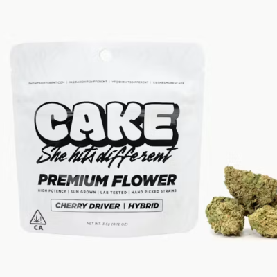 Cherry Driver Cake flower, 3.5g jar of whole buds, hybrid, cherry, earthy aroma