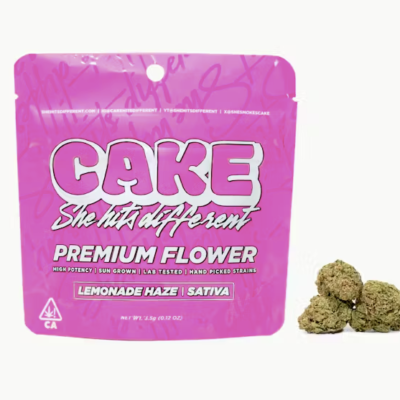 Lemonade Haze Cake flower, 3.5g jar of whole buds, sativa, citrus lemon aroma