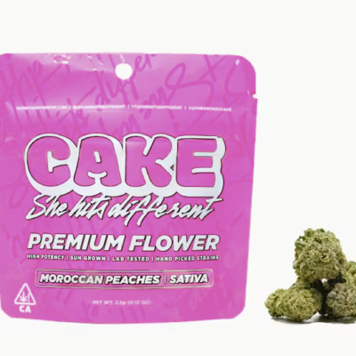 Moroccan Peaches Cake flower, 3.5g jar of whole buds, sativa, sweet peach aroma