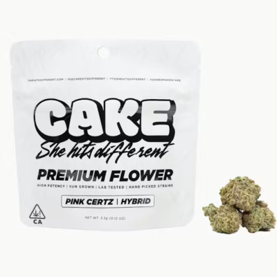 Pink Certz Cake flower, 3.5g jar of whole buds, hybrid, sweet, fruity aroma