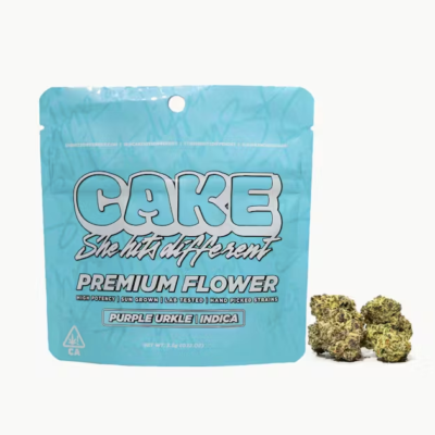 Purple Urkle Cake flower, 3.5g jar of whole buds, indica, grape, dark berry aroma