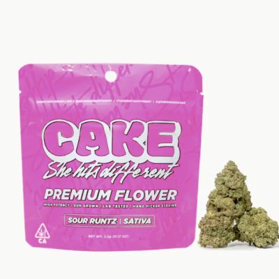 Sour Runtz Cake flower, 3.5g jar of whole buds, balanced hybrid, candy, citrus gas aroma