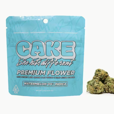 Watermelon OG Cake flower, 3.5g jar of whole buds, indica-leaning, juicy watermelon aroma