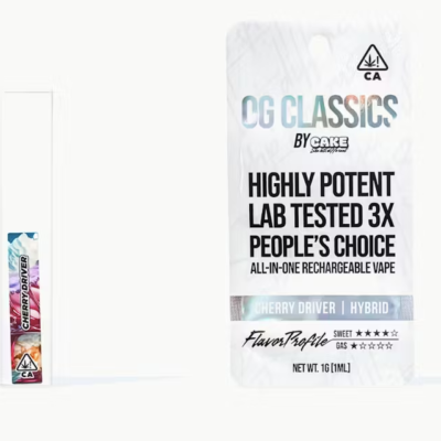 Cherry Driver OG Classics disposable vape pen, 1g hybrid with clean cherry and light grape