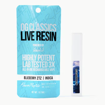 Blueberry Ztz OG Classics Live Resin disposable vape pen, 1g indica with blueberry, gas and sweet