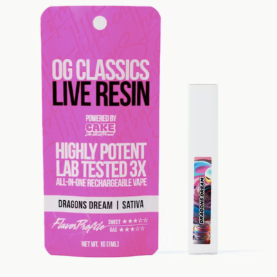 Dragons Dream OG Classics Live Resin disposable vape pen, 1g sativa with mango, pineapple and citrus