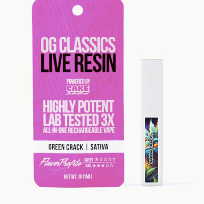 Green Crack OG Classics Live Resin disposable vape pen, 1g sativa with mango, citrus and skunk